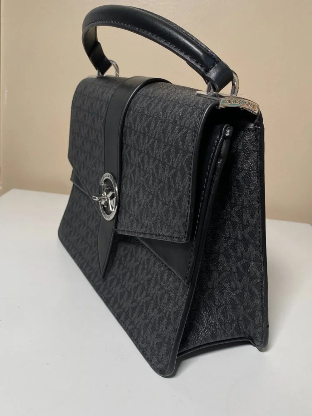 NWT Michael Kors Greenwich Medium Top Handle Satchel Black MK Signature